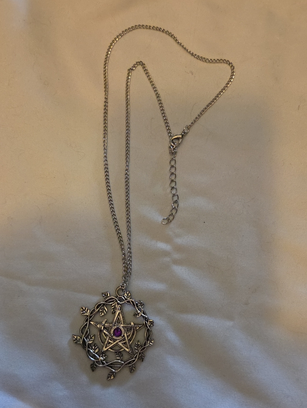 Silver Tone Pentagram Pendant Necklace with Purple Accent